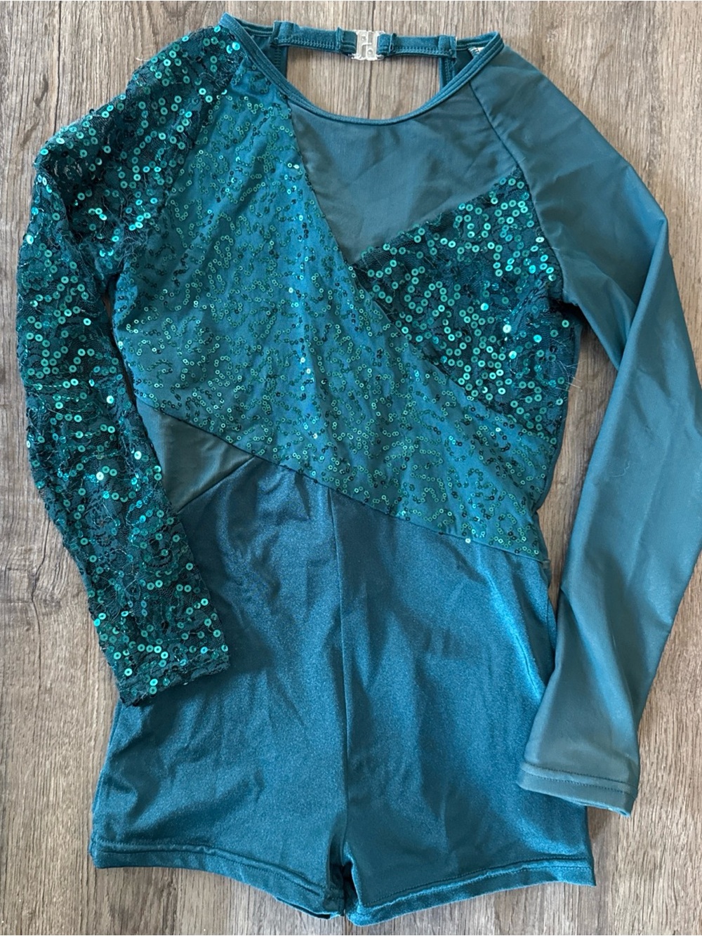 Alexandra Dance Costume Girls 12Y Teal Sequin Long Sleeve Romper Competition
